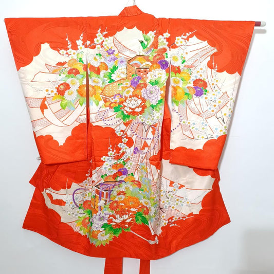 Used Vintage Kids Silk Kimono Shichi-Go-San Japanese Ceremony Dress w/ Juban Undergarment Height 39.4 in (100cm) Fabric