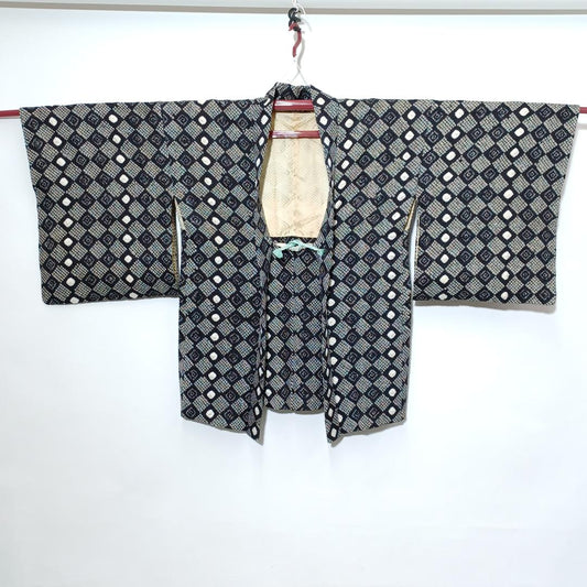 Used Vintage Silk Haori Jacket Shibori Tie-Dye Japanese Kimono Outerwear Women's Short Coat Length 28.0 in (71cm) Waist 26.8 in (68cm)
