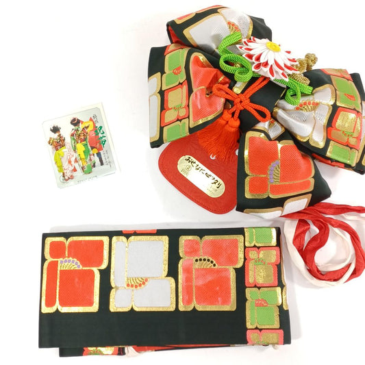 Used Vintage Shichi-Go-San Tsukuri Obi Pre-Tied Belt Mainly Silk Japanese Traditional Wear & Box Approx 30 Years Old Unknown Set