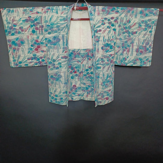 Used Vintage Japanese Silk Haori Jacket Short Length 31.5 in (80cm) Width 23.2 in (59cm) Traditional Outerwear Cardigan Robe Women's Wear