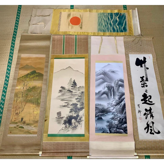 Used Japanese Hanging Scroll Lot of 5 Vintage Kakemono Paintings Sumi-e Landscape & Calligraphy Wall Art Set