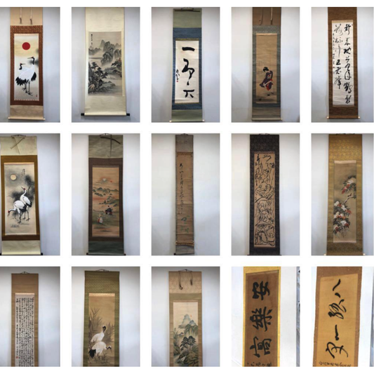 Used Japanese Hanging Scrolls Kakejiku Lot of 15 Assorted Items Junk Condition For Restoration Project Vintage Asian Art