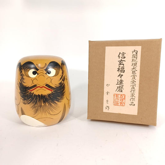 Used Kazuo Sato Signed Wood Daruma Shingen Fuku Fuku Good Fortune Figurine Prime Minister Award Winner Japanese Folk Art With Tomobako Box