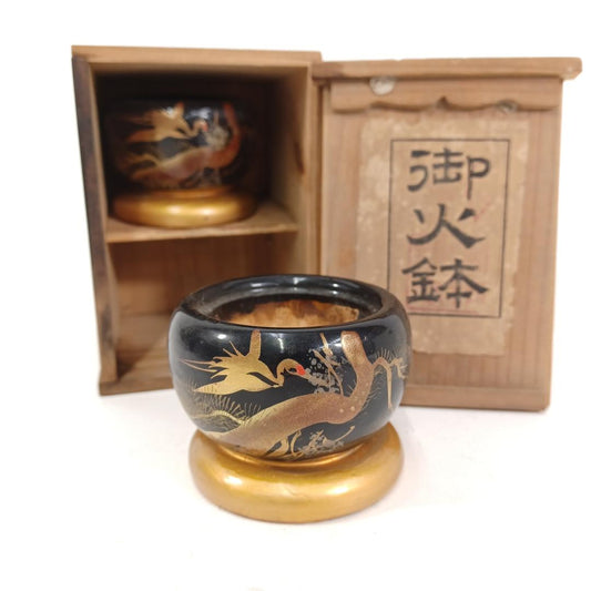 Used Miniature Japanese Hibachi Set of 2 Sho Chiku Bai Crane Motif Porcelain Trinket Jar With Original Tomobako Box Zen Home Decor Antique