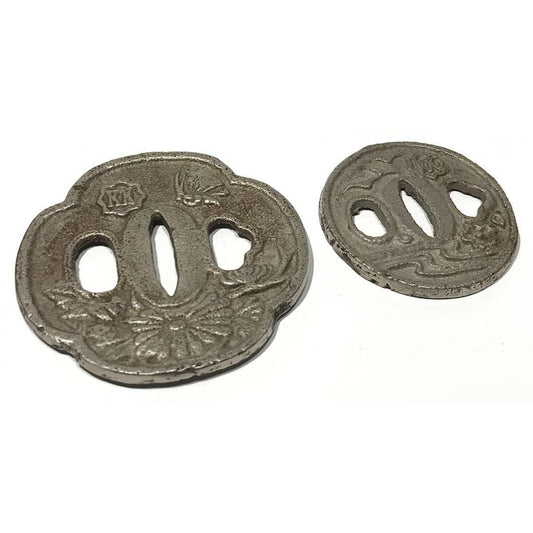 Used Vintage Japanese Tsuba Style Paperweights Set of 2 Iron KK Stamped Sword Guard Design Butterfly Bird Sakura Peony Flowers Antique Look