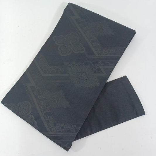 Used Japanese Nagoya Obi Black Pure Silk Kikko Tortoiseshell & Botanical Floral Pattern Funeral Mourning Formal Sash For Remake Craft 150in