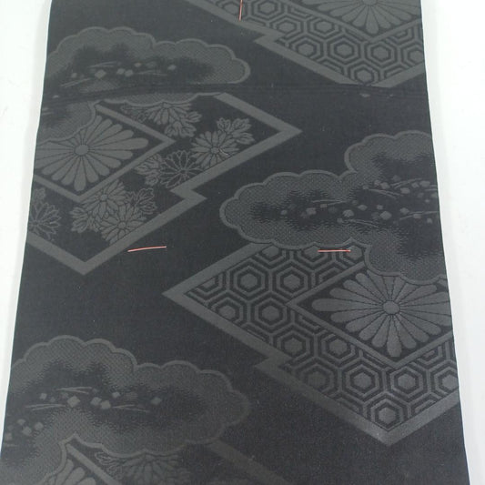 Used Japanese Nagoya Obi Black Pure Silk Kikko Tortoiseshell Botanical Pattern Funeral Mourning Formal Sash For Craft Remake Upcycle 150in
