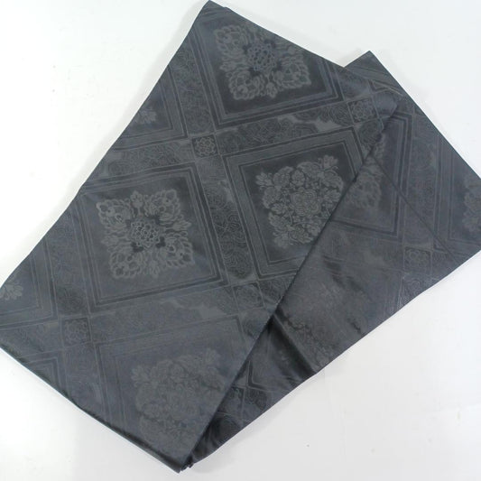 Used Japanese Fukuro Obi Black Pure Silk Botanical Floral Pattern Funeral Mourning Formal Sash For Craft Remake Upcycle DIY Art 150in