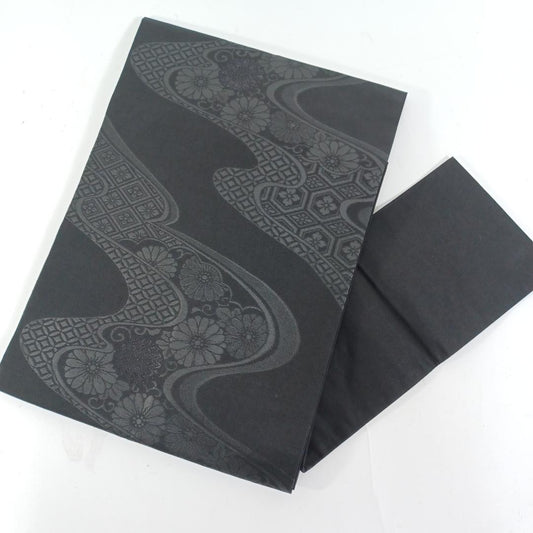 Used Japanese Nagoya Obi 2pc Lot Black Pure Silk Sayagata & Flowing Water Floral Pattern Funeral Mourning Formal Sash For Remake Upcycle