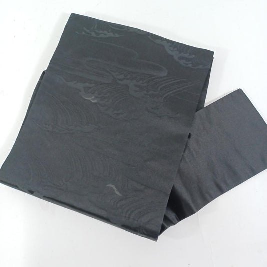 Used Japanese Nagoya Obi Black Pure Silk Powerful Stormy Wave Pattern Funeral Mourning Formal Sash For Craft Remake Upcycle Art DIY 150in