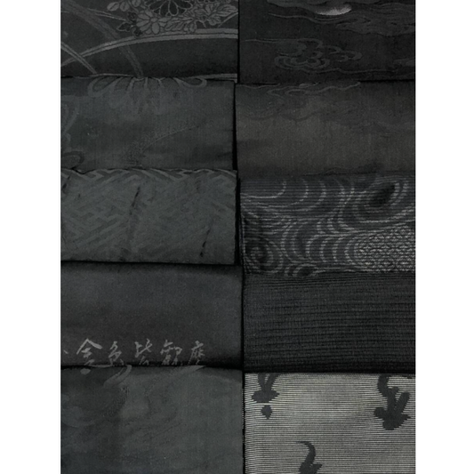 Used Lot of 10 Japanese Mofuku Nagoya Obi Belts Black Silk with Woven Patterns for Kimono Formal Wear Decor and Upcycling Material Japan