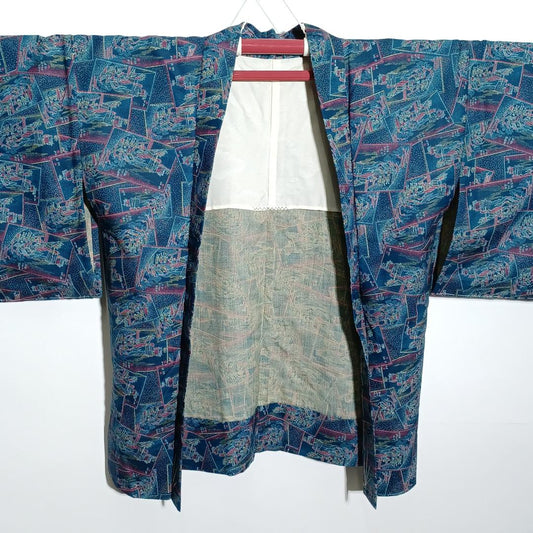 Used Japanese Vintage Haori Jacket Navy Blue with Modern Geometric Pattern Traditional Silk Kimono Cardigan Women's Fashion Robe Length 78cm