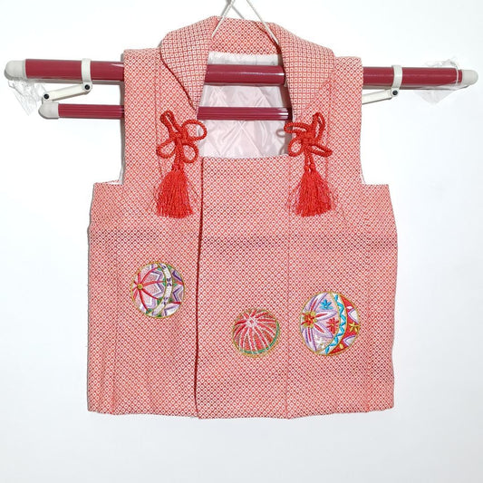 Used Japanese Shichigosan Hifu Vest for Girls 3 Years Old Red and White Cotton Kimono Jacket with Temari Ball Pattern Traditional Festival