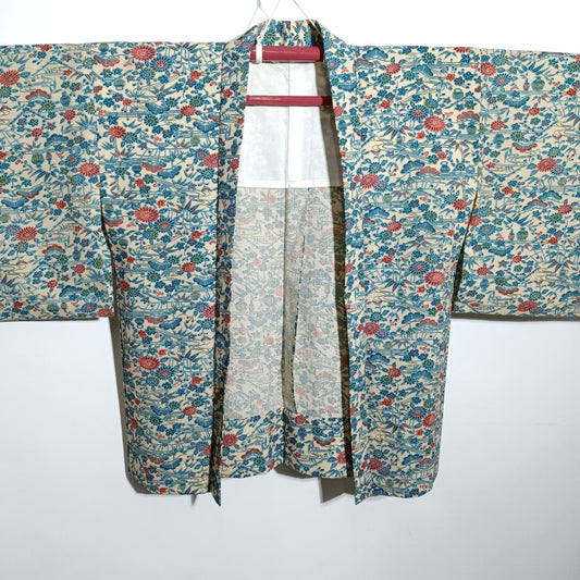 Used Japanese Vintage Haori Jacket Cream with Elegant Floral Pattern Traditional Kimono Cardigan Silk Feel Women's Robe Length 78cm