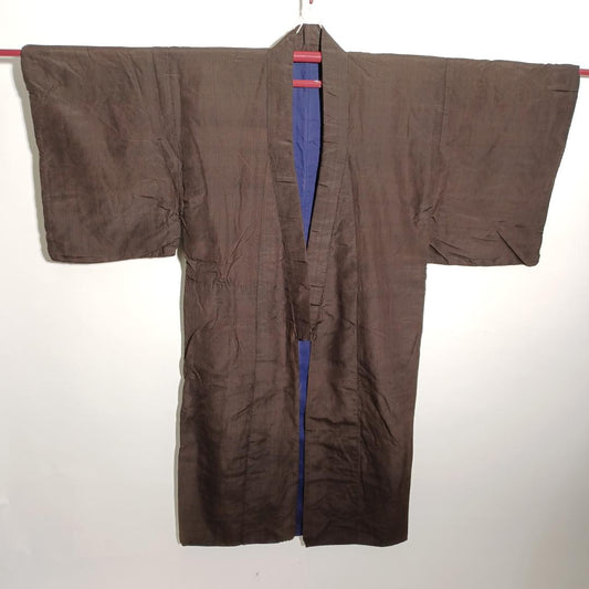 Used Japanese Vintage Men's Kimono Brown Silk Feel Traditional Japanese Men's Robe Yukata Samurai Style Authentic Fashion Height 133cm