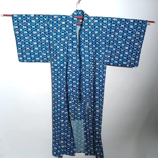 Used Japanese Vintage Kimono Royal Blue with Elegant Butterfly & Floral Pattern Traditional Silk Feel Women's Robe Yukata Height 152cm