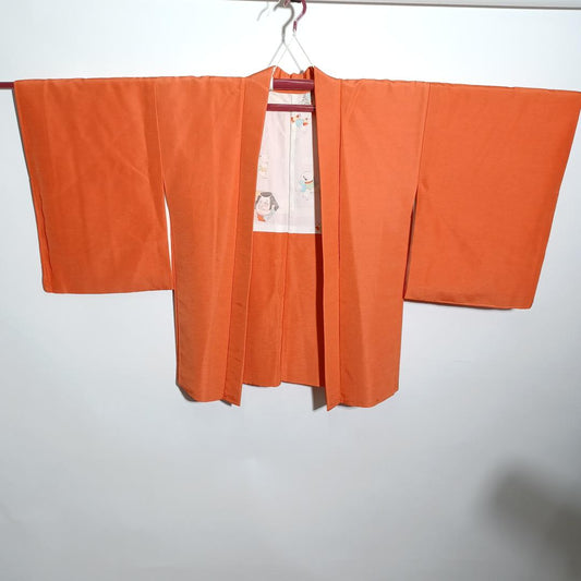 Used Japanese Vintage Haori Jacket Orange with Traditional Kite Flying Child Pattern Silk Kimono Cardigan Women's Fashion Robe Length 80cm