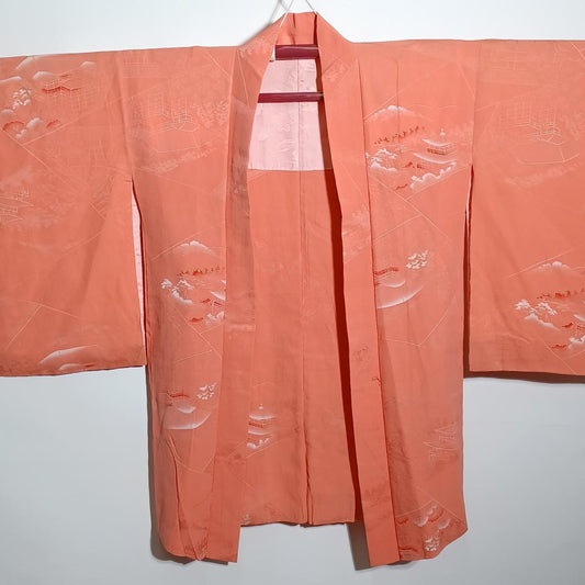 Used Japanese Vintage Haori Jacket Pale Pink with Traditional Architecture Scenery Pattern Silk Feel Kimono Cardigan Robe Length 91cm