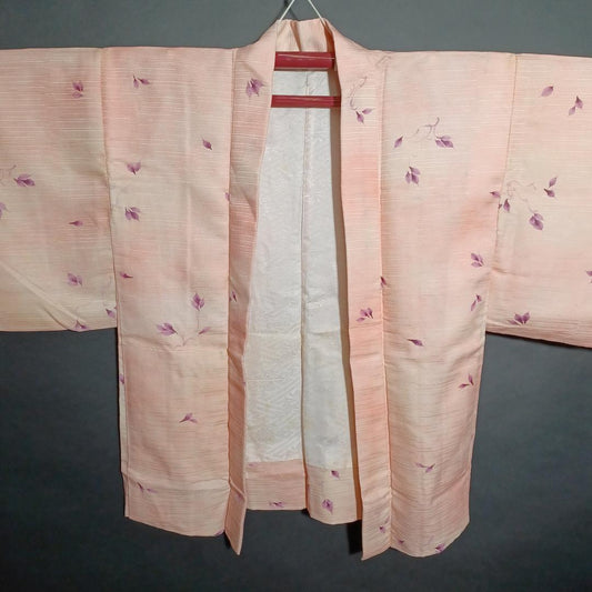 Used Japanese Vintage Haori Jacket Pale Pink with Elegant Floral Pattern Traditional Silk Kimono Cardigan Women's Outerwear Height 76cm