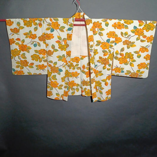 Used Japanese Vintage Haori Jacket White with Vibrant Orange Floral Pattern Traditional Silk Kimono Cardigan Women's Outerwear Height 74cm
