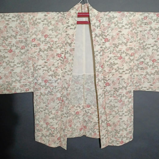 Used Japanese Vintage Haori Jacket Cream White with Elegant Floral Pattern Traditional Silk Kimono Cardigan Women's Outerwear Height 78cm