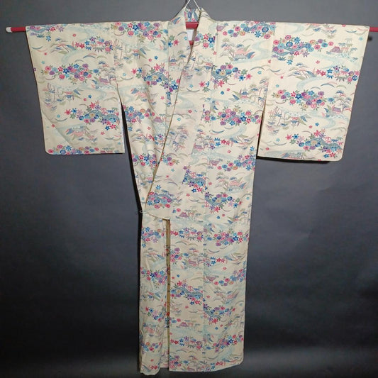 Used Japanese Vintage Kimono Cream White with Elegant Pine & Floral Pattern Traditional Silk Feel Women's Robe Yukata Height 151cm