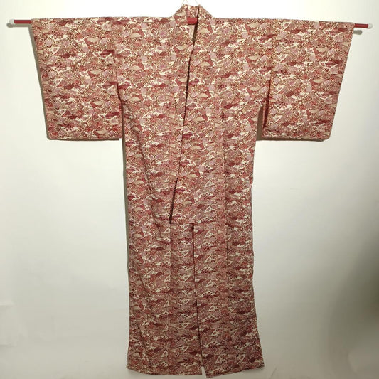Used Japanese Vintage Kimono White & Russet Red with Elegant Plum Blossoms and Fan Pattern Traditional Silk Feel Women's Robe Height 165cm