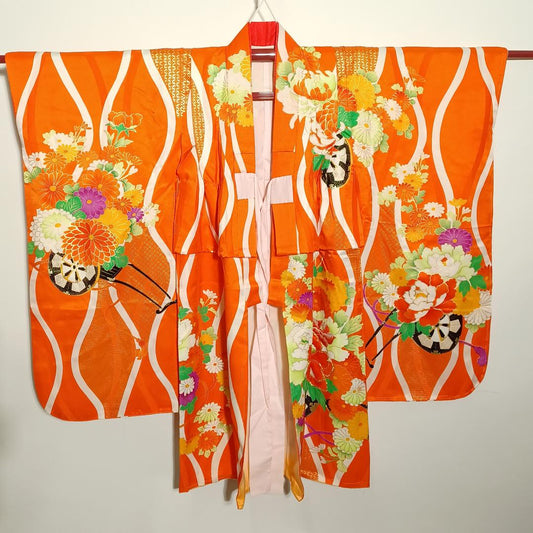 Used Japanese Vintage Shichi-Go-San Girl's Kimono Vibrant Orange with Elegant Floral Pattern Traditional Silk Kids Robe Height 96cm 37.8in