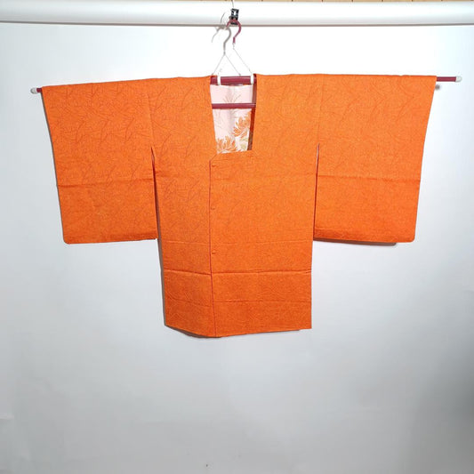Used Japanese Vintage Michiyuki Coat Vibrant Orange with Elegant Floral Pattern Traditional Silk Kimono Overcoat Women's Jacket Length 90cm