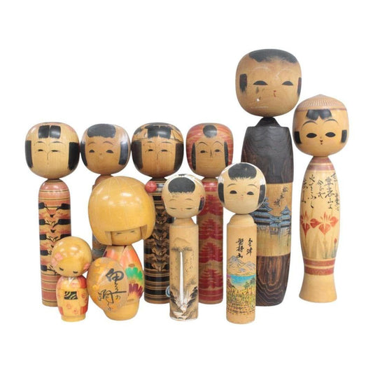 Used 11 Lot Vintage Japanese Kokeshi Dolls Set Hand Painted Traditional Wooden Folk Art Figurines Retro Showa Era Home Decor & Collection