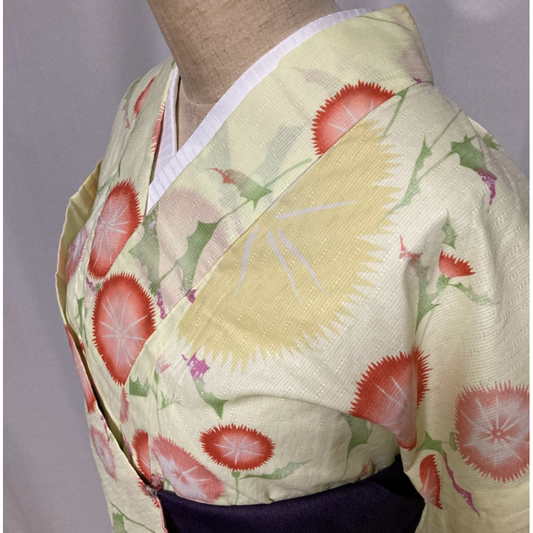 Used Vintage Japanese Cotton Yukata Summer Kimono Thistle Azami Flower Pattern Traditional Wafuku Floral Robe Breathable Cotton Dress Japan