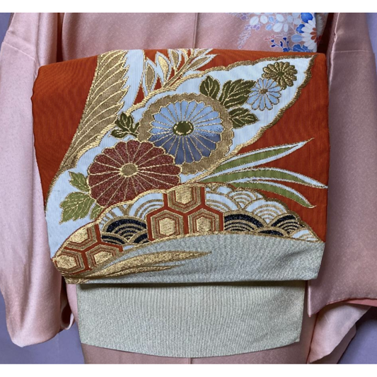 Used Vintage Japanese Nagoya Obi Vermilion Orange Silk Chrysanthemum Kiku Floral Pattern Traditional Kimono Belt Wafuku Authentic Silk Sash