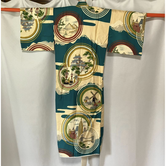 Used Vintage Japanese Boys Silk Kimono Awase Lined Robe Castle Samurai Architecture Pattern Traditional Wafuku Kids Celebration Art Japan