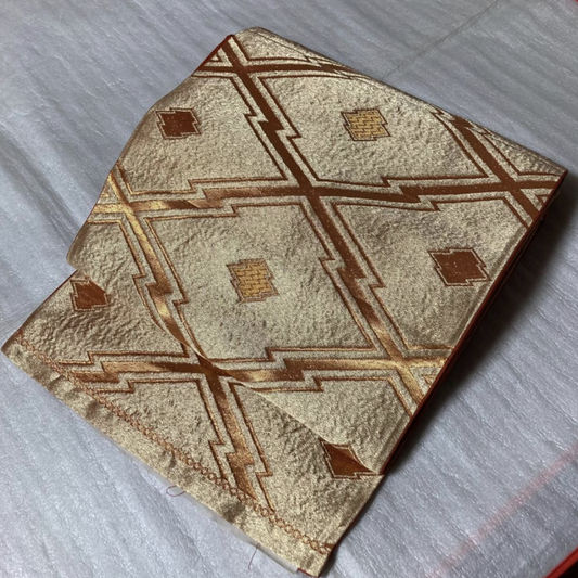 Used Vintage Japanese Fukuro Obi Traditional Matsukawa-bishi Pine Bark Diamond Pattern Formal Kimono Belt Wafuku Luxury Silk Sash for Women