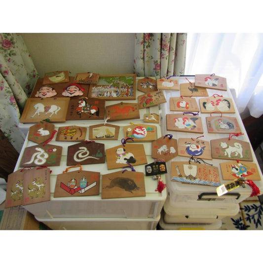Used 35 Lot Vintage Japanese Ema Votive Tablets Wooden Plaques Shinto Shrine Buddhist Temple Folklore Art For Zodiac Protection & Prosperity