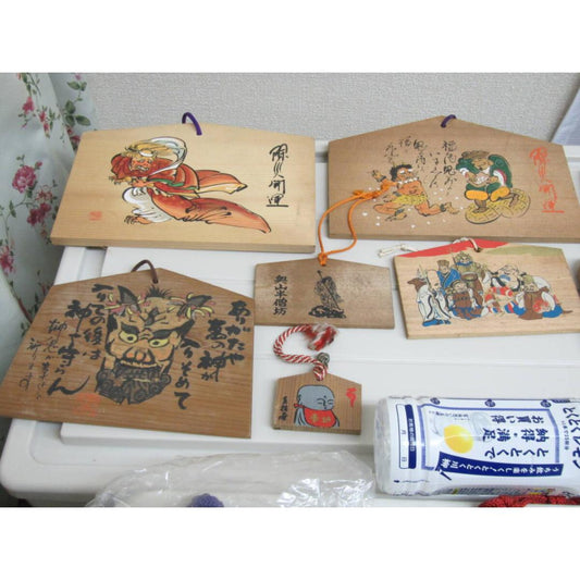 Used Vintage Japanese Ema Votive Tablet Lot 23 Pieces Seven Lucky Gods Tengu Buddhist Folklore Shinto Shrine Art Traditional Talisman Gift
