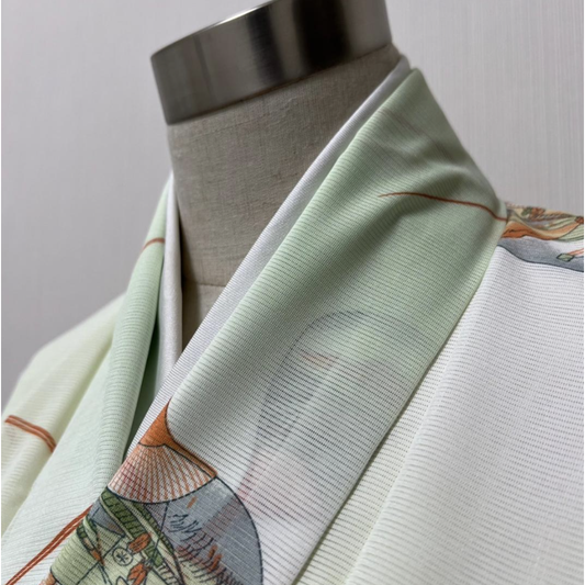 Used Japanese Washable Summer Kimono Ro Komon Polyester Breathable Mesh Weave with Traditional Uchiwa Fan Pattern Light Blue Grey Floral