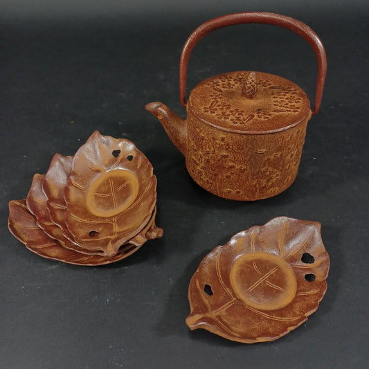 Used Japanese Nambu Tekki Iron Teapot Set Signed Ei Cast Iron Tetsubin with 5 Coasters Vintage Tea Ceremony Set Traditional Craft Japan