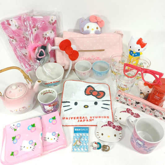 Used Hello Kitty Vintage Rare Bulk Lot Sanrio Japan Retro Teapot Cup Plate Piggy Bank Handkerchief Headband Accessories Collection Set