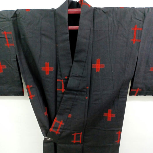 Used Kimono Japanese Traditional Robe Black Red Cross Pattern Modern Style Soft Polyester Authentic Vintage Clothing Women Wear