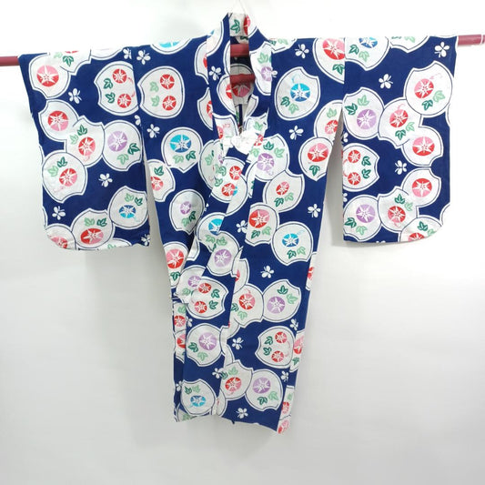 Used Kids Yukata Japanese Summer Kimono Navy Blue Morning Glory Print Traditional Cotton Clothing Authentic Wear