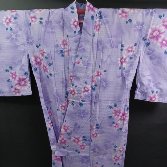 Used Yukata Japanese Traditional Robe Light Purple Floral Pattern Soft Cotton Summer Kimono Authentic Vintage Clothing Women Wear
