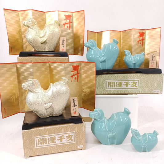 Used Japanese Zodiac Horse Figurines Set of 6 Pottery Ceramic Gold and Blue Year of the Horse Eto Lucky Charm Home Decor Ornament Japan