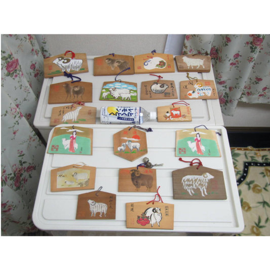 Used 18pc Set Vintage Japanese Wooden Ema Votive Tablets Year of the Sheep Zodiac Hitsuji Shinto Shrine Folk Art Traditional Prayer Japan