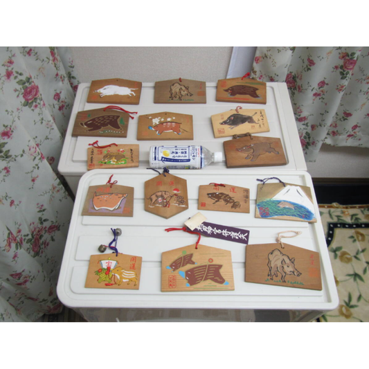 Used 15pc Set Vintage Japanese Wooden Ema Votive Tablets Year of the Boar Wild Pig Inoshishi Zodiac Shinto Shrine Folk Art Tradition Japan