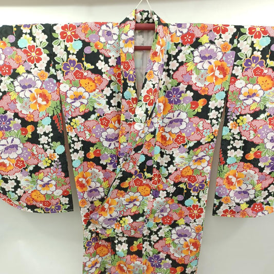 Used Kimono Koburisode Multi-Color Floral Pattern Traditional Japanese Clothing Oversized Comfortable Polyester Long Sleeve Dress Festive