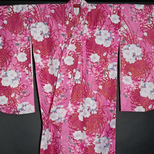 Used Japanese Kimono Koburisode 2-shaku Sode Pink Floral Pattern Tall Size Washable Polyester for Graduation & Special Events Made in Japan