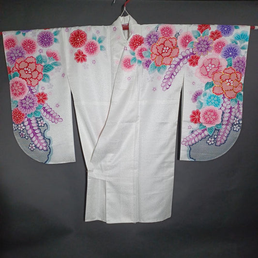 Used Japanese Kimono Koburisode 2-shaku Sode for Hakama Graduation Dress White Silver with Chrysanthemum & Peony Floral Pattern Washable