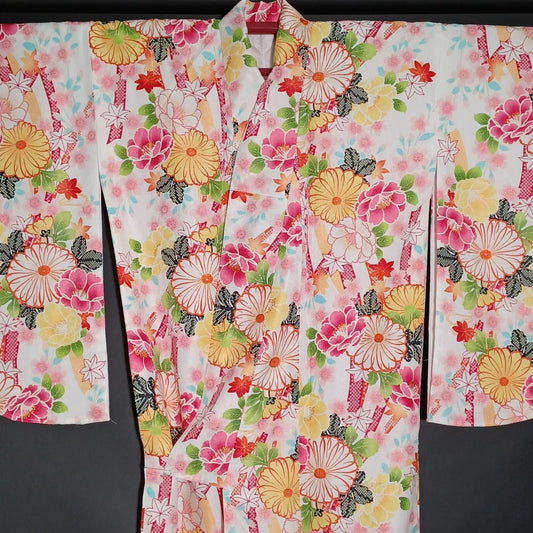 Used Japanese Kimono Koburisode 2-shaku Sode for Hakama White with Multicolor Floral Pattern Tall Size Washable Polyester & Made in Japan