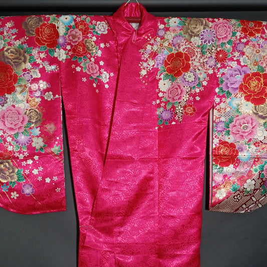 Used Japanese Kimono Koburisode 2-shaku Sode for Hakama Shiny Red with Floral Pattern Washable Polyester Graduation Dress & Made in Japan